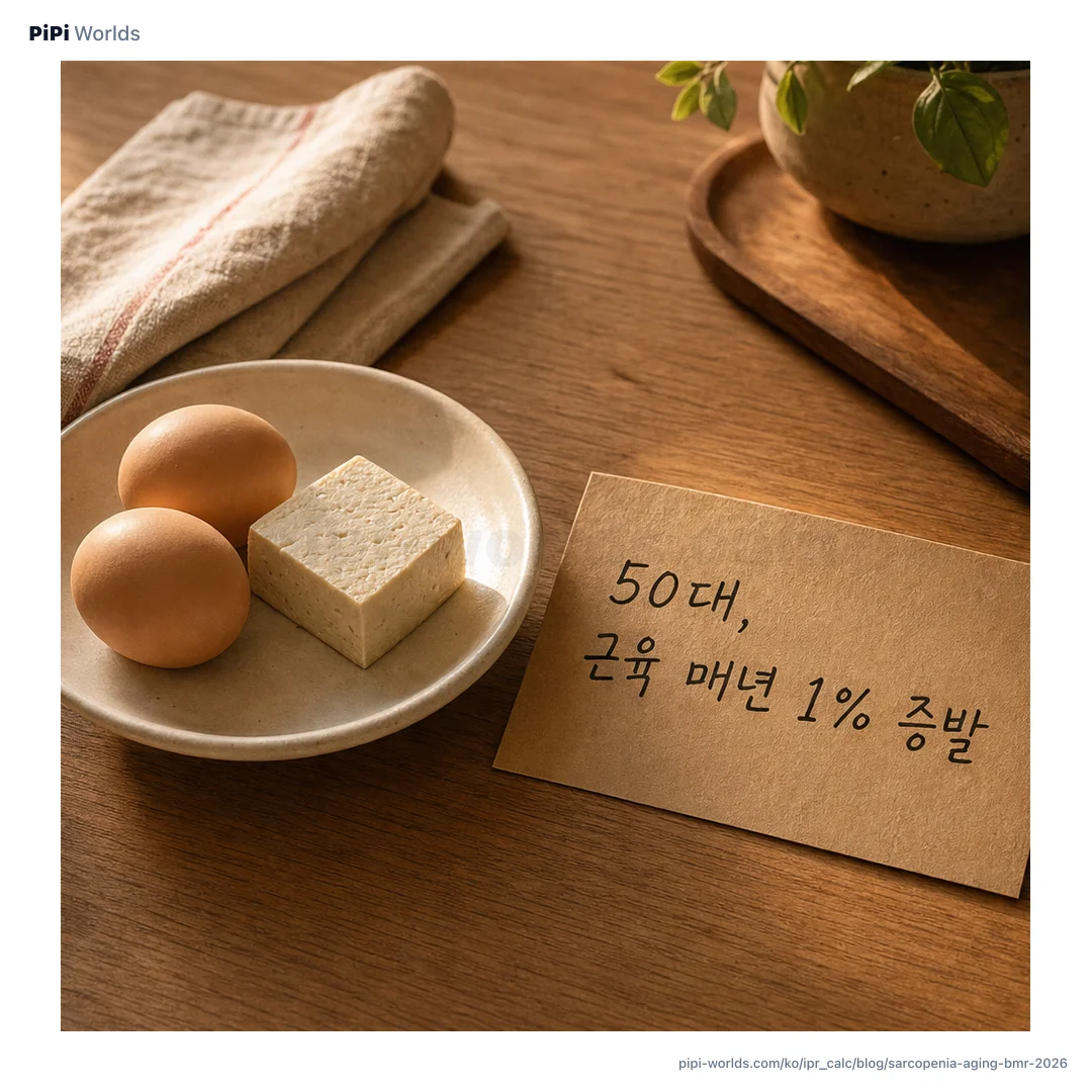 코랄·골드 그라디언트 위에 PiPi 마스코트와 '50대 이후 BMR과 근감소증' 제목이 박힌 한국 시니어 헬스 시장용 카드.
