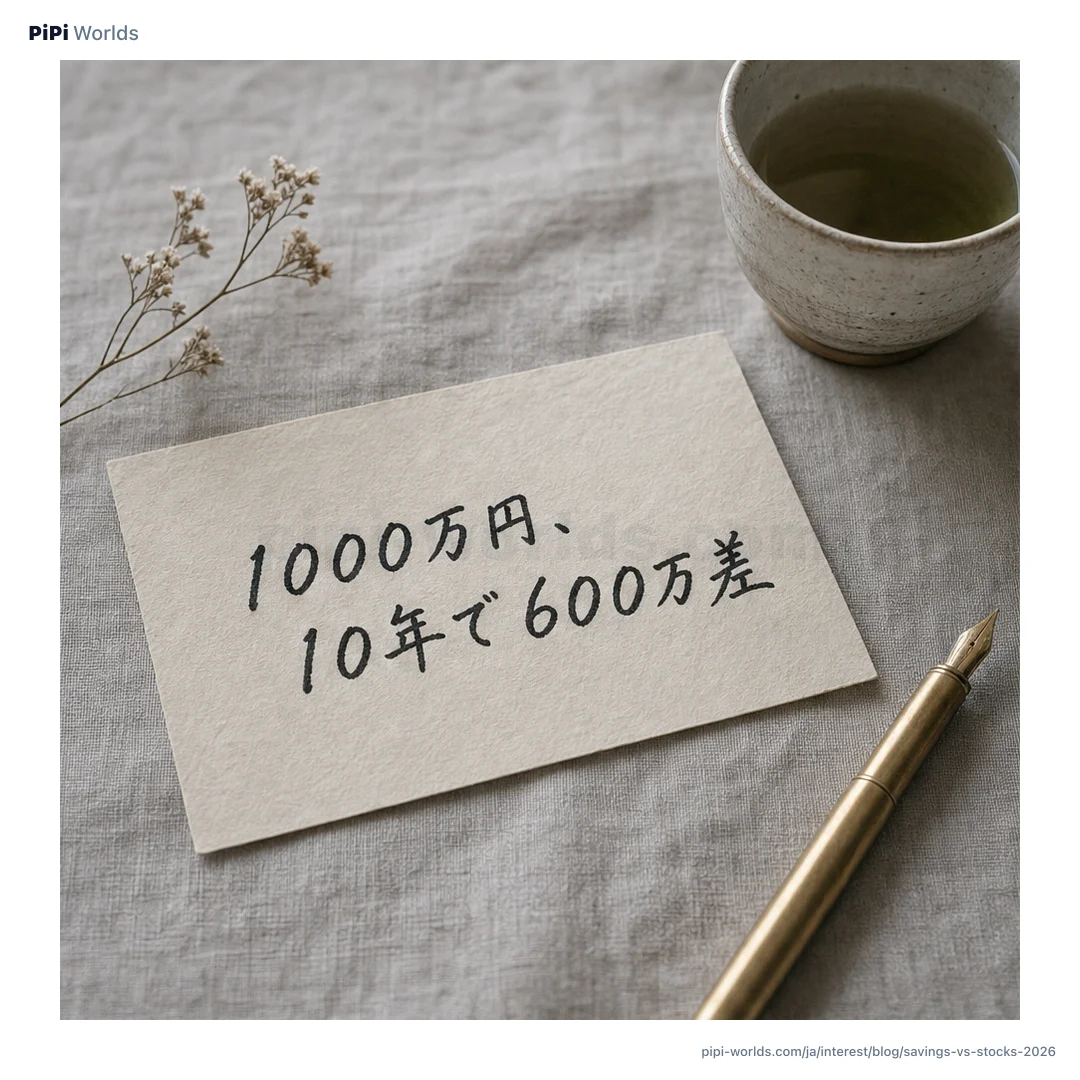 深い藍色とゴールドのグラデーション背景に PiPi マスコットと『1000万 10年 600万差』が大きく配置された日本市場向けカード。