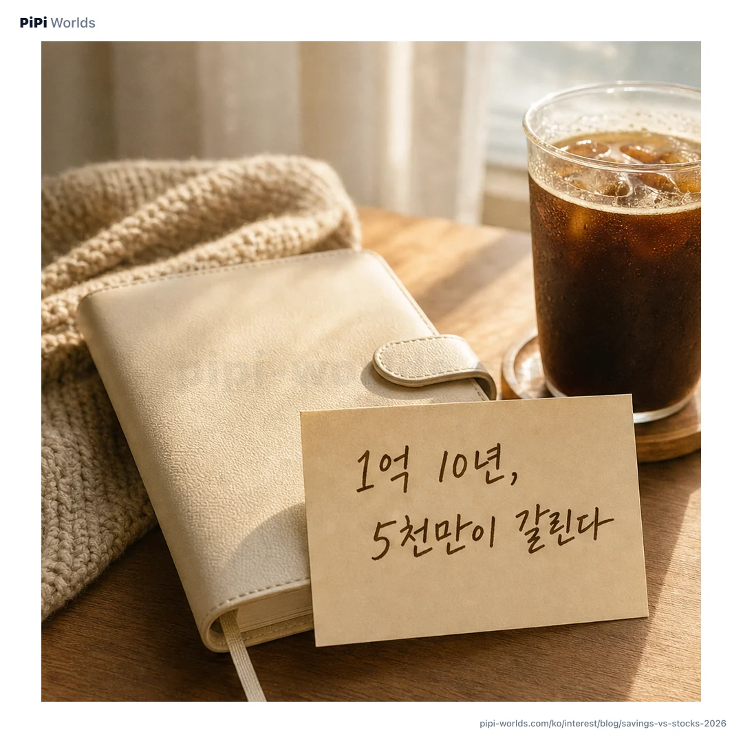 코랄·피치 그라디언트 배경 위에 PiPi 마스코트와 '1억 10년 차이 5천만' 큰 글자가 놓인 한국 시장용 카드.