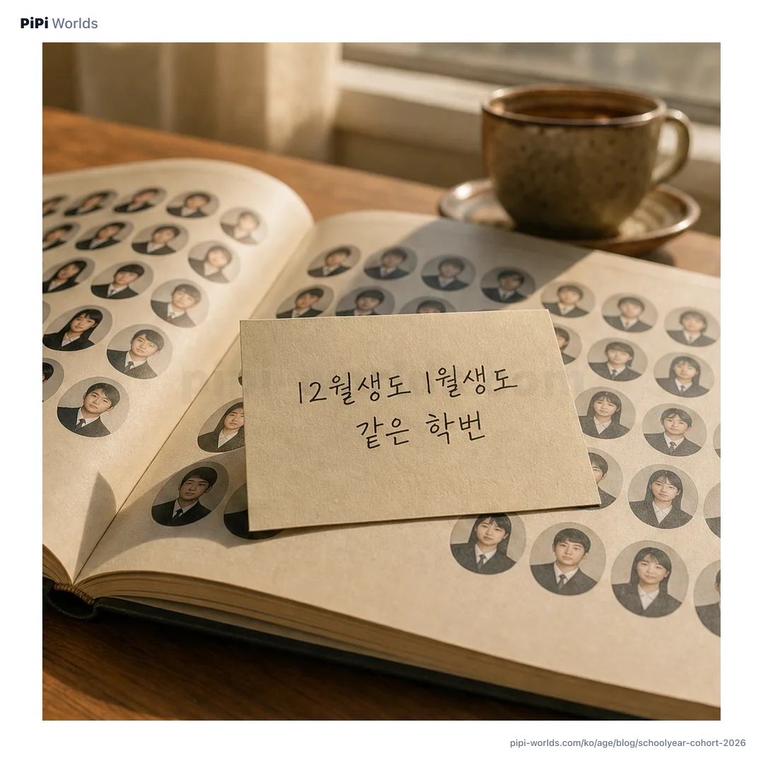 코랄·피치 그라디언트 배경 위에 PiPi 마스코트와 '3월 입학·빠른년생 폐지' 큰 글자가 놓인 한국 시장용 카드.