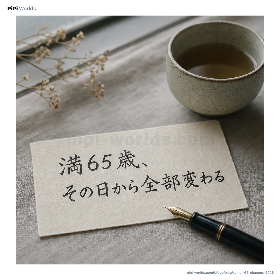 藍色と金色のグラデーション背景にPiPiマスコットと『満65歳』の大きな数字が並ぶ日本市場向けカード。