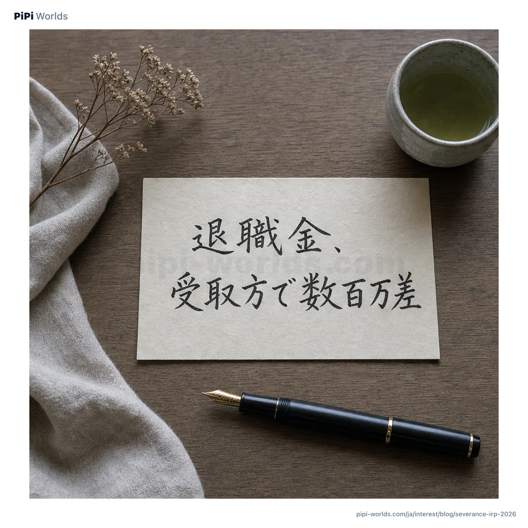 深い藍色とゴールドのグラデーション背景にPiPiマスコットと『退職金 一時か年金か』が大きく配置された日本市場向けカード。