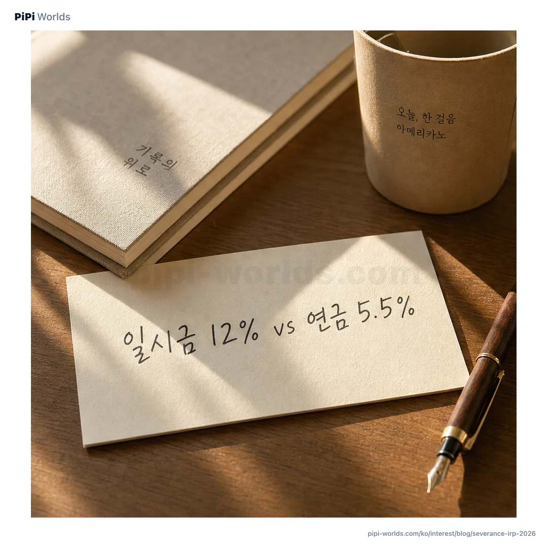 코랄·피치 그라디언트 배경 위에 PiPi 마스코트와 '퇴직금 IRP 결정' 큰 글자가 놓인 한국 시장용 카드.