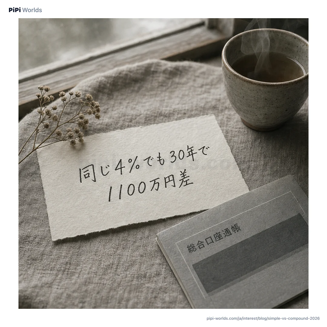 藍色と金色のグラデーション背景にPiPiマスコットと単利・複利の二本の曲線が描かれた日本市場向けカード。