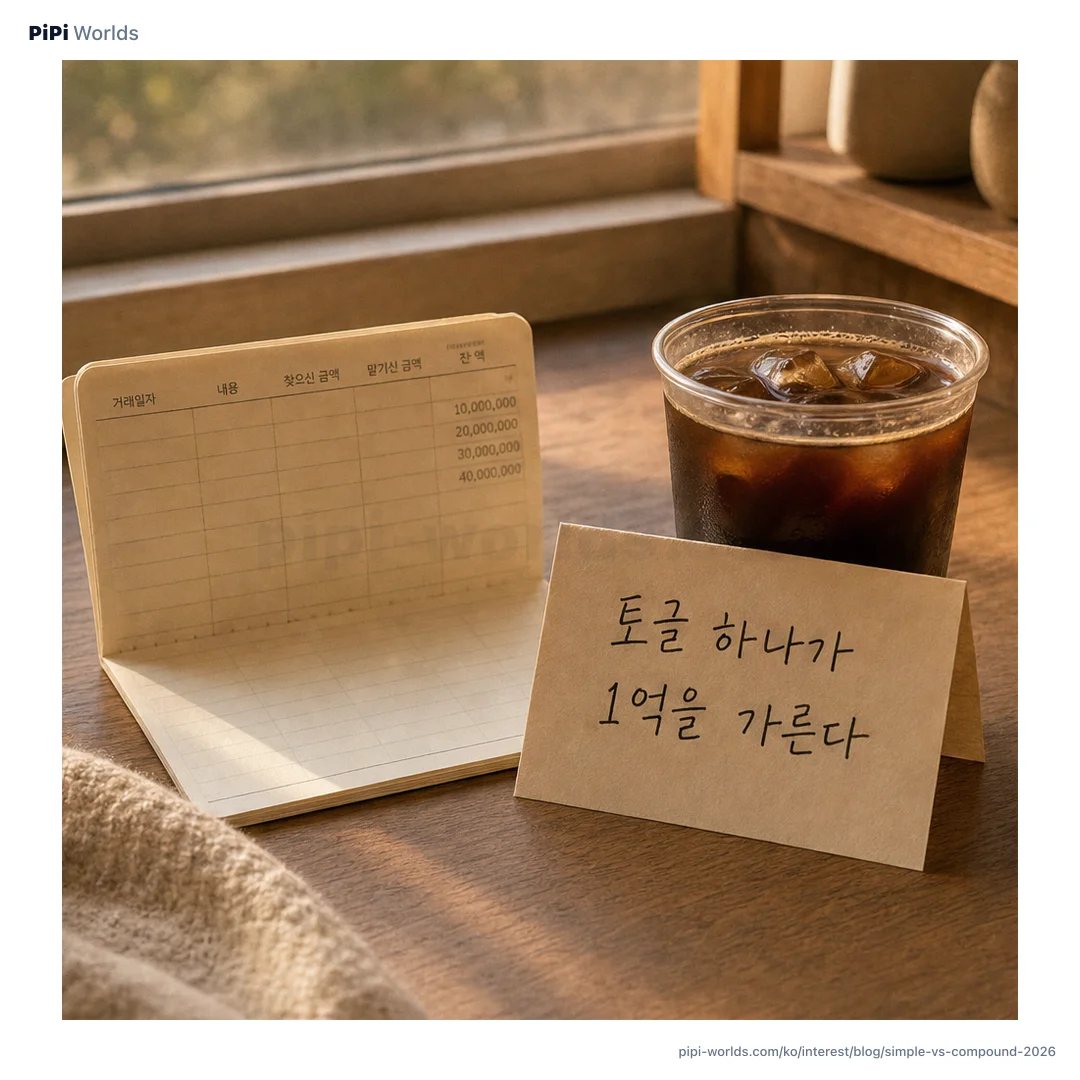 코랄·골드 그라디언트 위에 PiPi 마스코트와 단리·복리 두 곡선이 갈라지는 한국 시장용 카드.