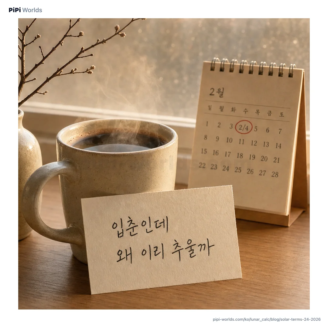 코랄·피치 그라디언트 위에 24개의 절기명과 양력 일자가 원형으로 배열된 카드.