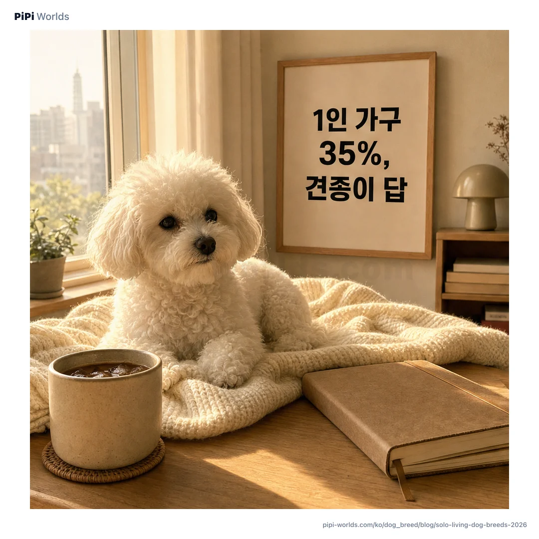 베이지·세이지 그라디언트 위에 PiPi 마스코트와 '1인 가구 견종' 제목이 박힌 자취·맞벌이 시장용 카드