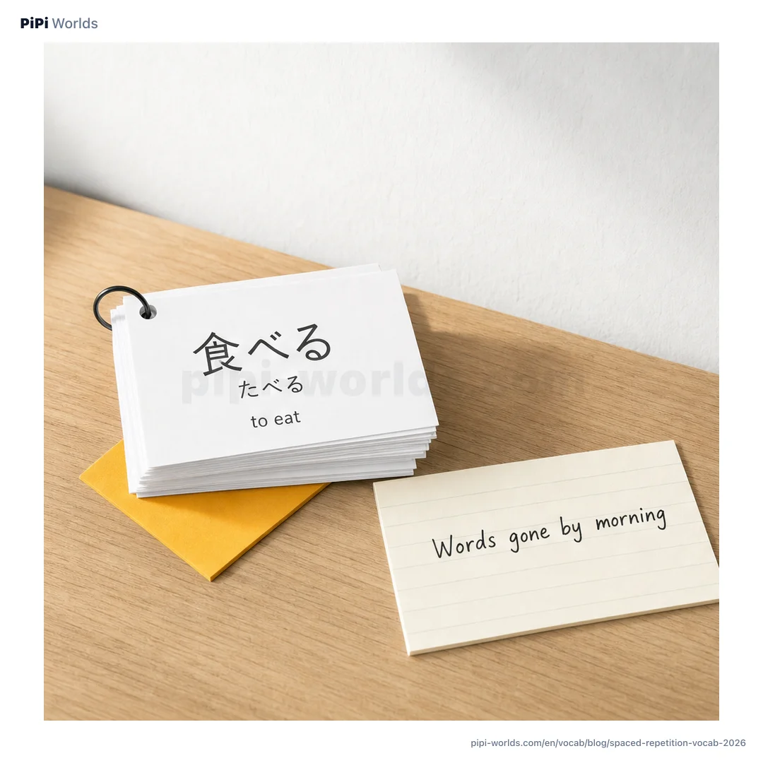 A mint-toned cover image showing the words 'Spaced Repetition', a Japanese flashcard, and a forgetting-curve graph for learning Japanese vocabulary.