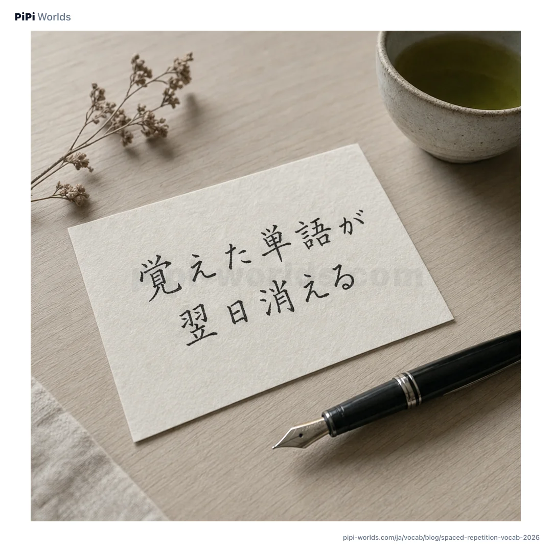 ミント色の背景に「間隔反復」という大きな文字と韓国語のフラッシュカード、忘却曲線のグラフが置かれた、韓国語単語学習の表紙画像。