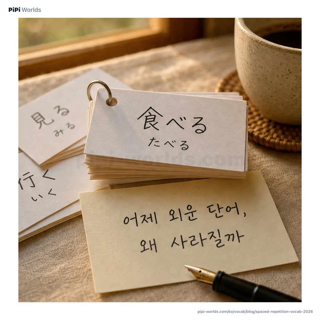 민트빛 배경 위에 '간격 반복'이라는 큰 글자와 일본어 플래시카드, 망각곡선 그래프가 놓인 일본어 단어 학습 표지 이미지.