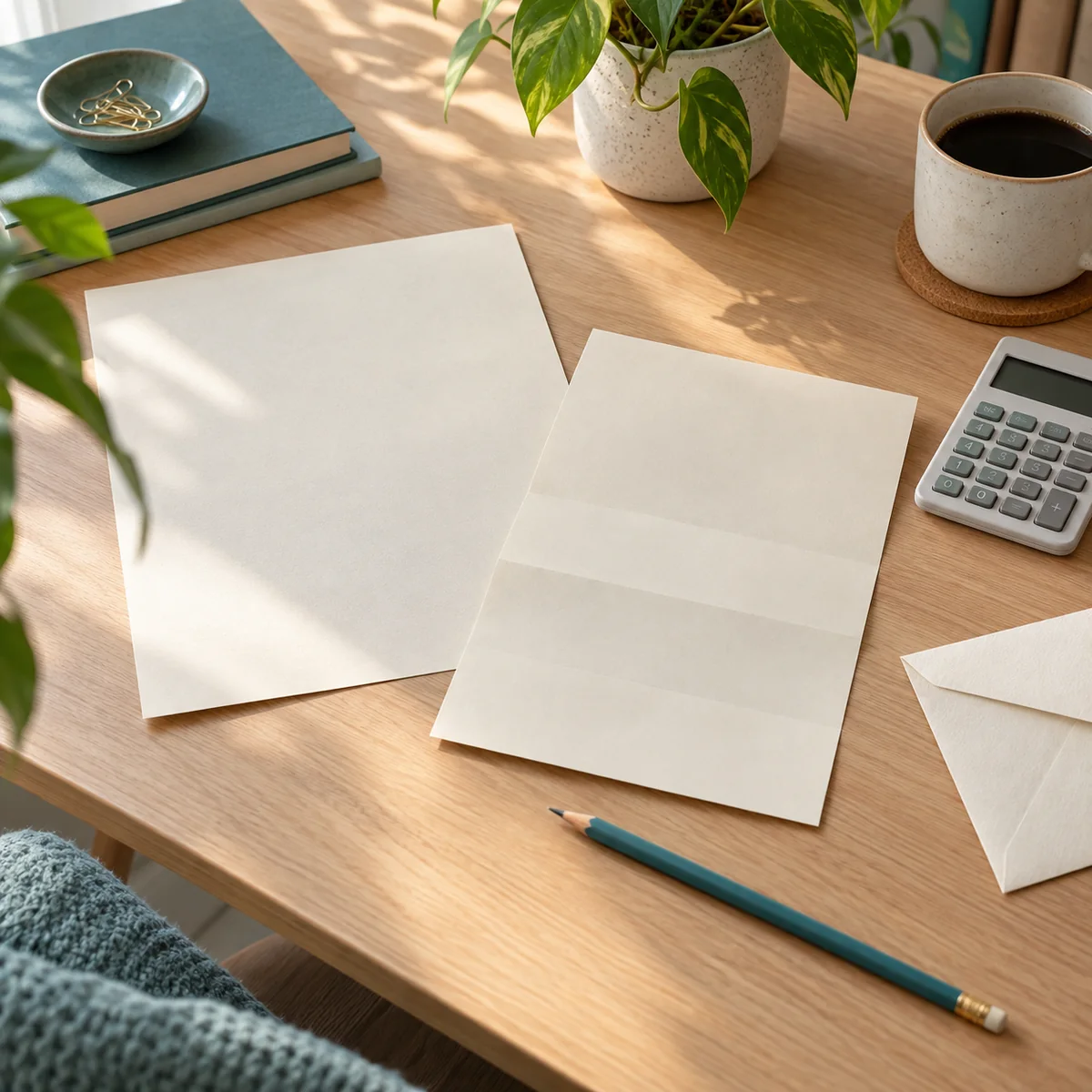 Blank pay papers, an envelope, a pencil, and a calculator on a sunlit desk; no personal figures are shown.