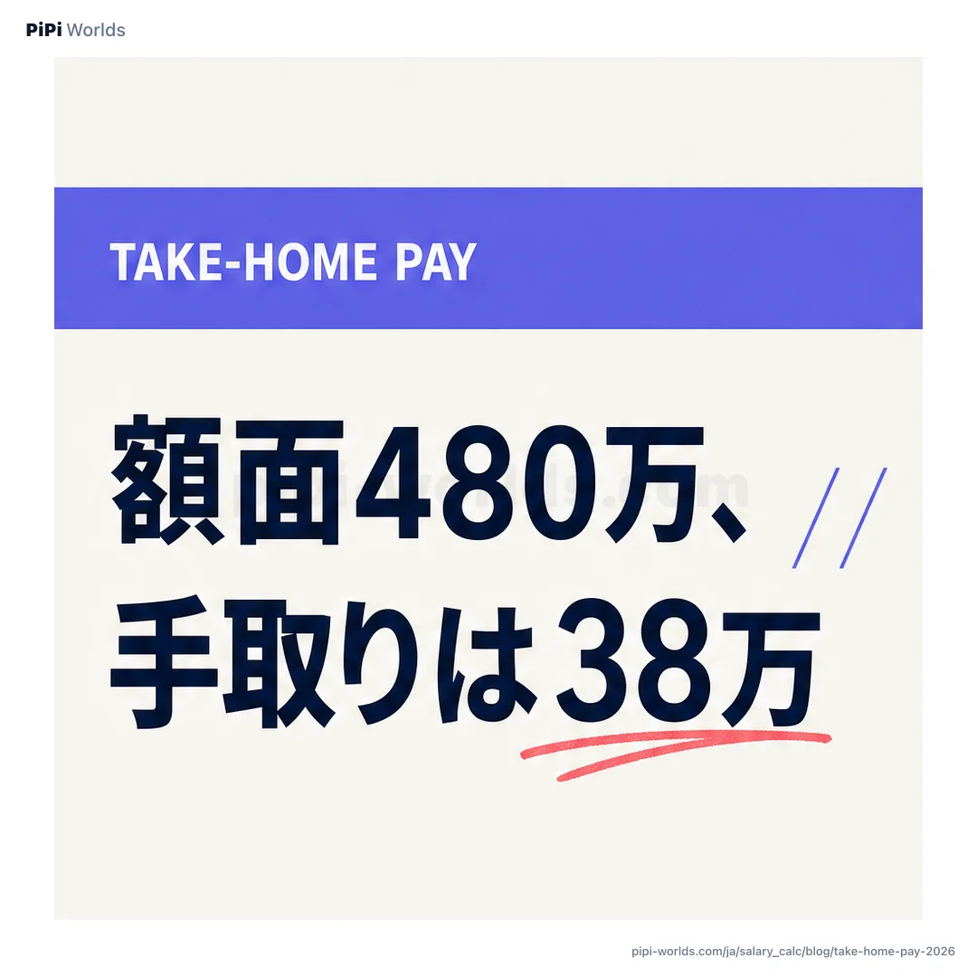 インディゴ色の背景に「額面と手取り」という大きな文字と、社会保険料・所得税の控除カードが並んだ日本市場向けの表紙画像。