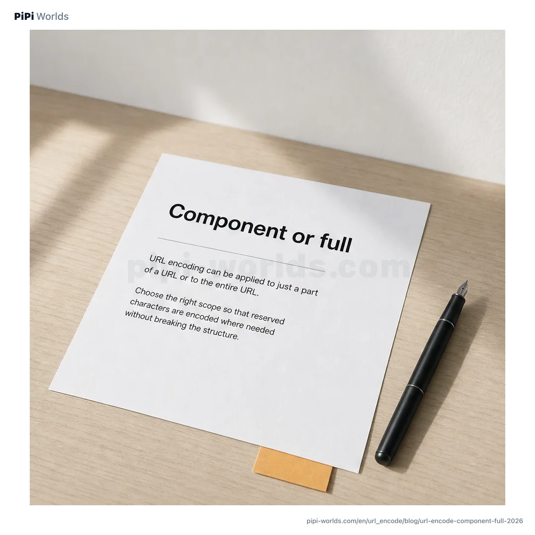 A developer-style cover on a teal background with the large words 'URL Encoding' beside cards for component, full, percent, and the plus gotcha.