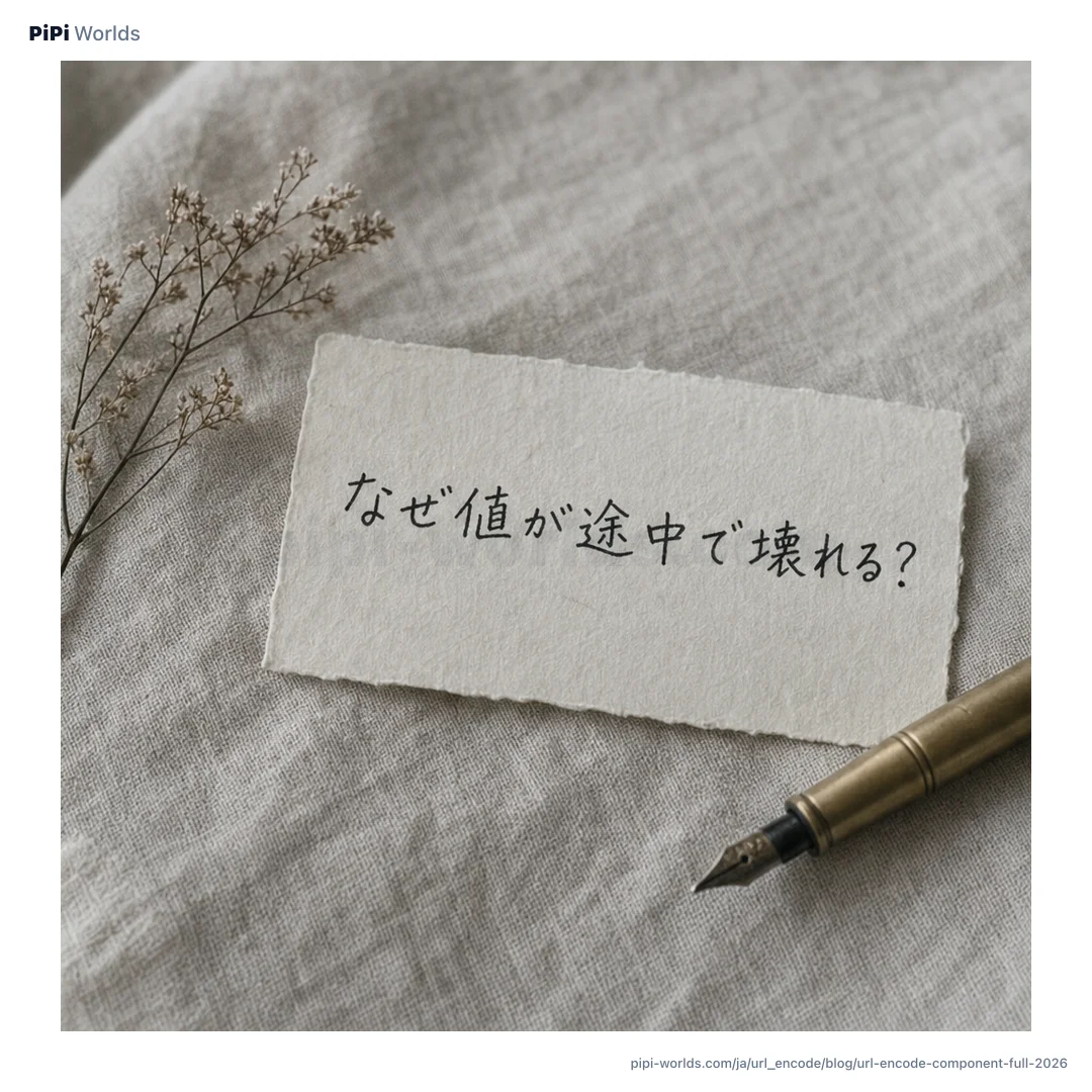 青緑色の背景に『URL エンコード』の大きな文字と component・full・パーセント・+ の罠のカードが並ぶ開発者向けの表紙画像。