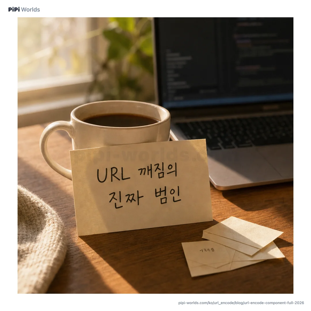 청록빛 배경 위에 'URL 인코딩'이라는 큰 글자와 component·full·퍼센트·+ 함정 카드가 놓인 개발자용 표지 이미지.