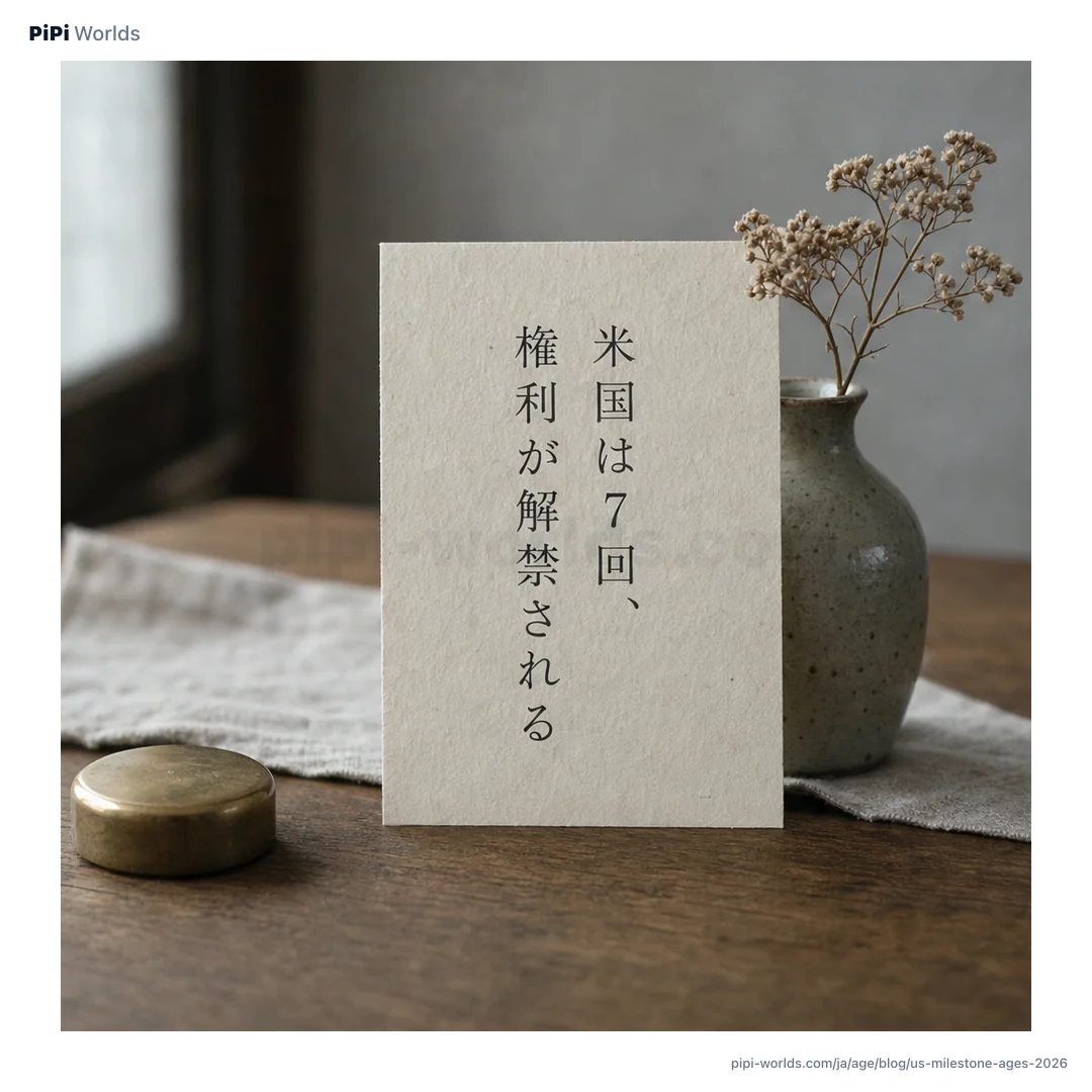 藍色と金色のグラデーション背景にPiPiマスコットと『16·18·21·25·40·50·65』が積み上がる日本市場向けアメリカマイルストーンカード。