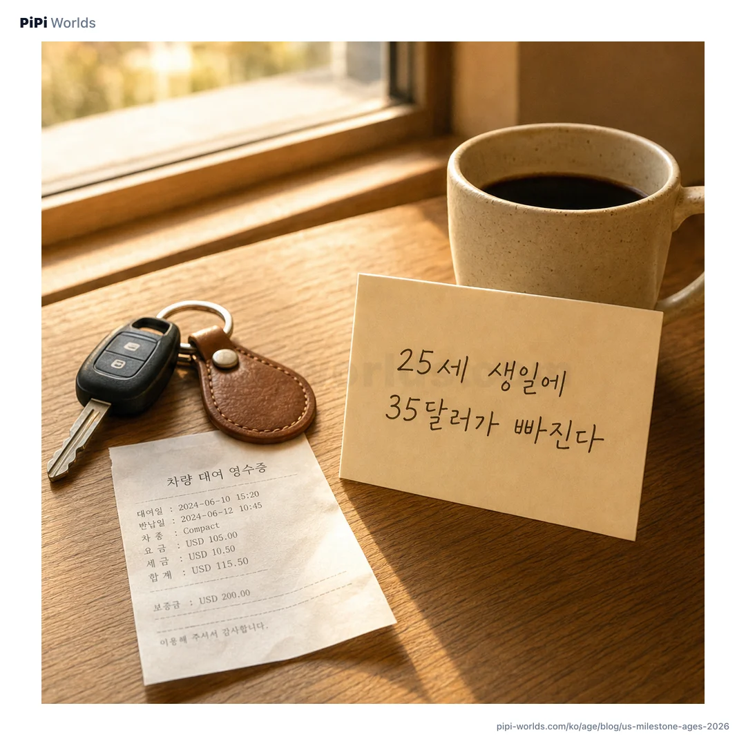 코랄·피치 그라디언트 배경 위에 PiPi 마스코트와 ‘16·18·21·25·40·50·65’ 숫자가 쌓여 있는 한국 시장용 미국 milestone 카드.