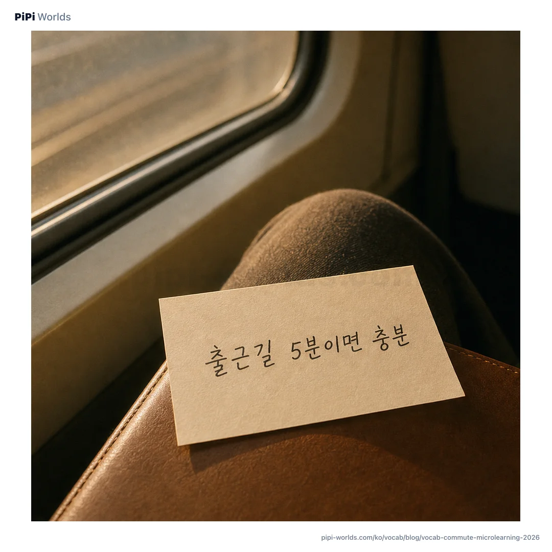 지하철에서 스마트폰으로 일본어 플래시카드를 넘기는 손과 '자투리 시간'이라는 큰 글자가 놓인 출퇴근 단어 학습 표지 이미지.