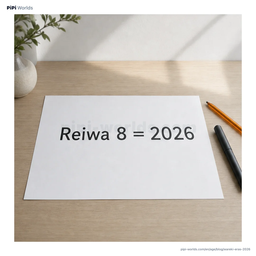 Mint-violet gradient backdrop with the PiPi mascot and 'Reiwa 8 = 2026' label, English market card.