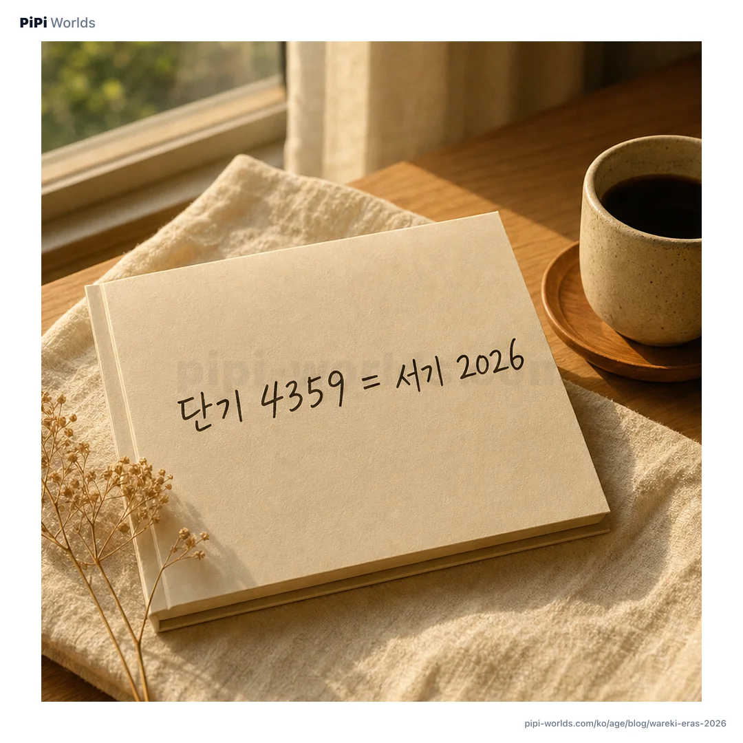코랄·피치 그라디언트 배경 위에 PiPi 마스코트와 '단기 4359 = 서기 2026' 큰 글자가 놓인 한국 시장용 카드.