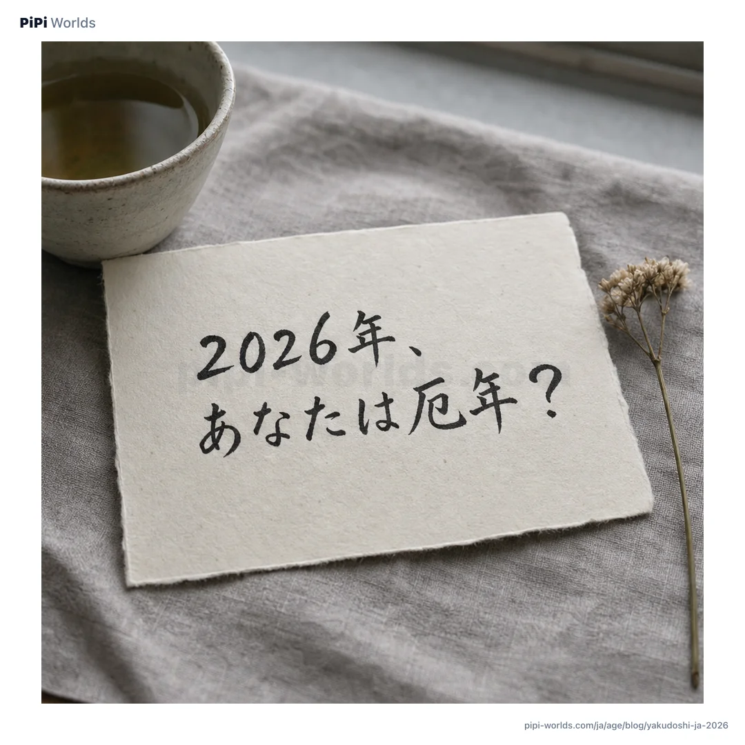 深い藍色とゴールドのグラデーション背景に PiPi マスコットと『厄年2026』が大きく配置された日本市場向けカード。