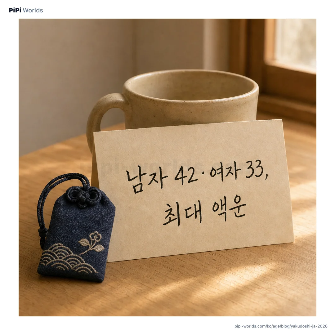 코랄·피치 그라디언트 배경 위에 PiPi 마스코트와 '厄年 2026 男42·女33' 큰 글자가 놓인 한국 시장용 카드.