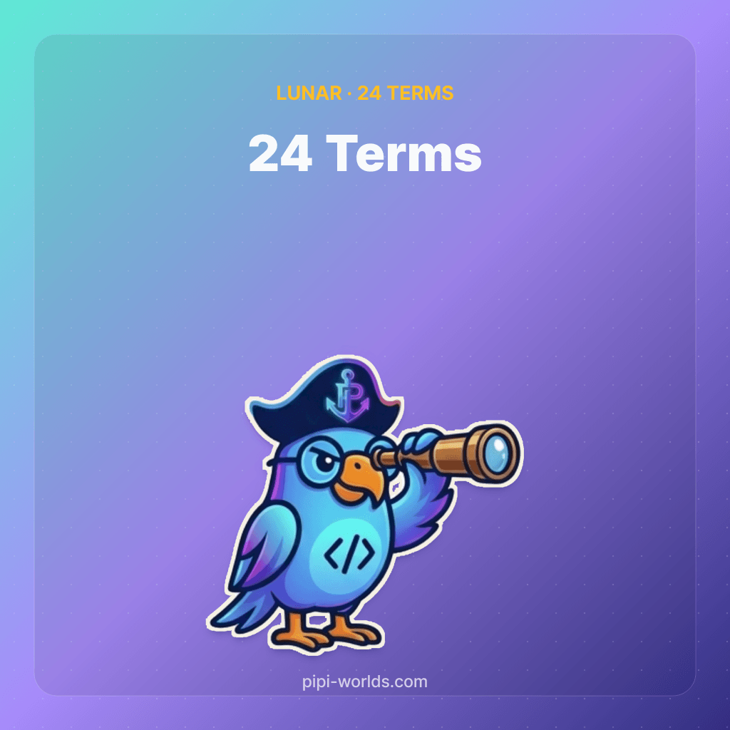 PiPi mascot on a mint-to-violet card labeled 24 Terms.