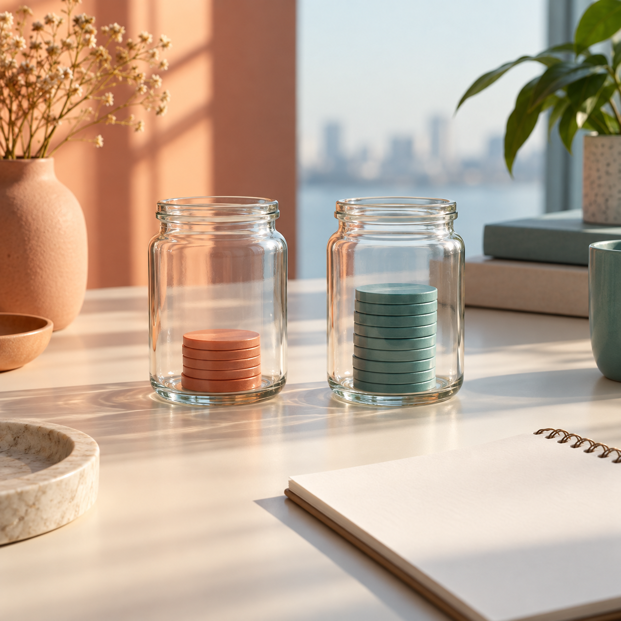 AI-generated editorial still life of unmarked tokens in two glass jars; conceptual image, not a bank rate chart or measured investment outcome.