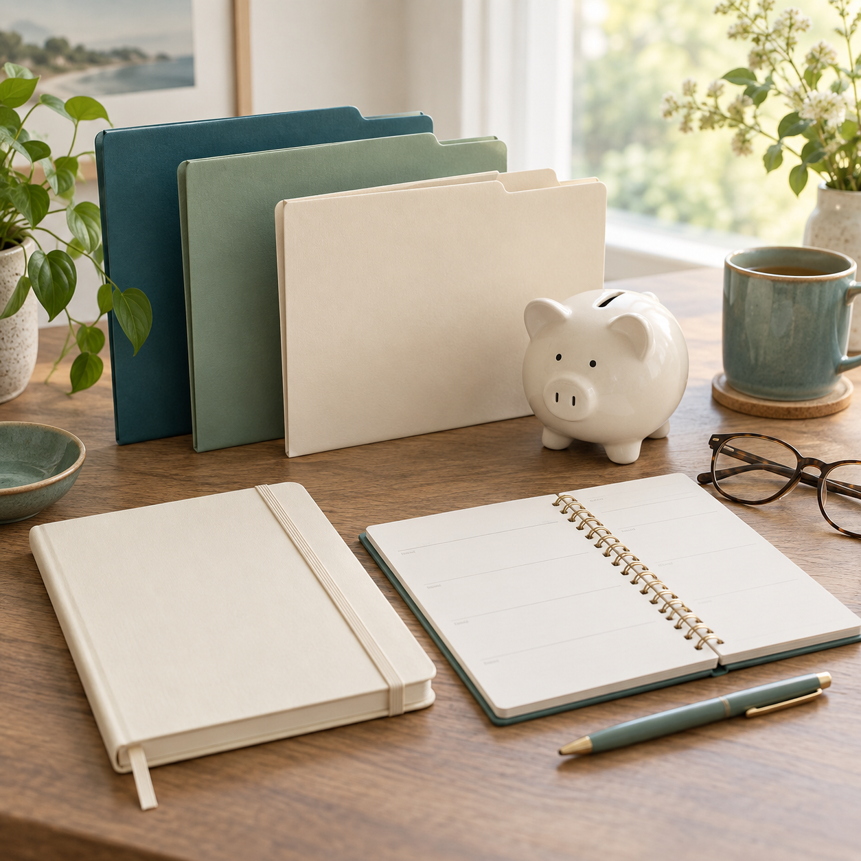 AI-generated editorial still life of blank planners, plain folders and a ceramic piggy bank; not an account statement or investment projection.