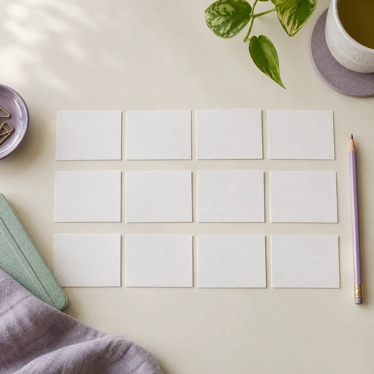 Twelve blank study cards laid out on a desk in three rows of four