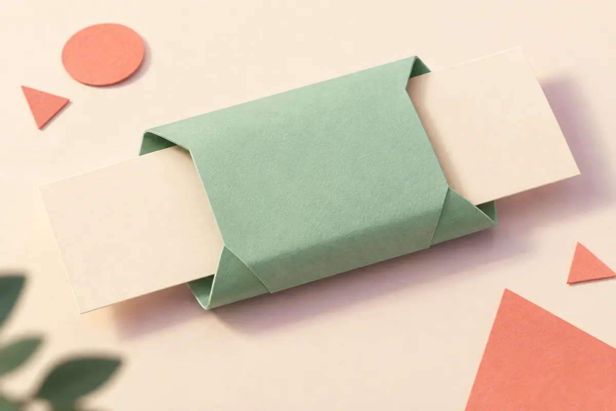 A cream card sliding freely through an open mint-green paper sleeve
