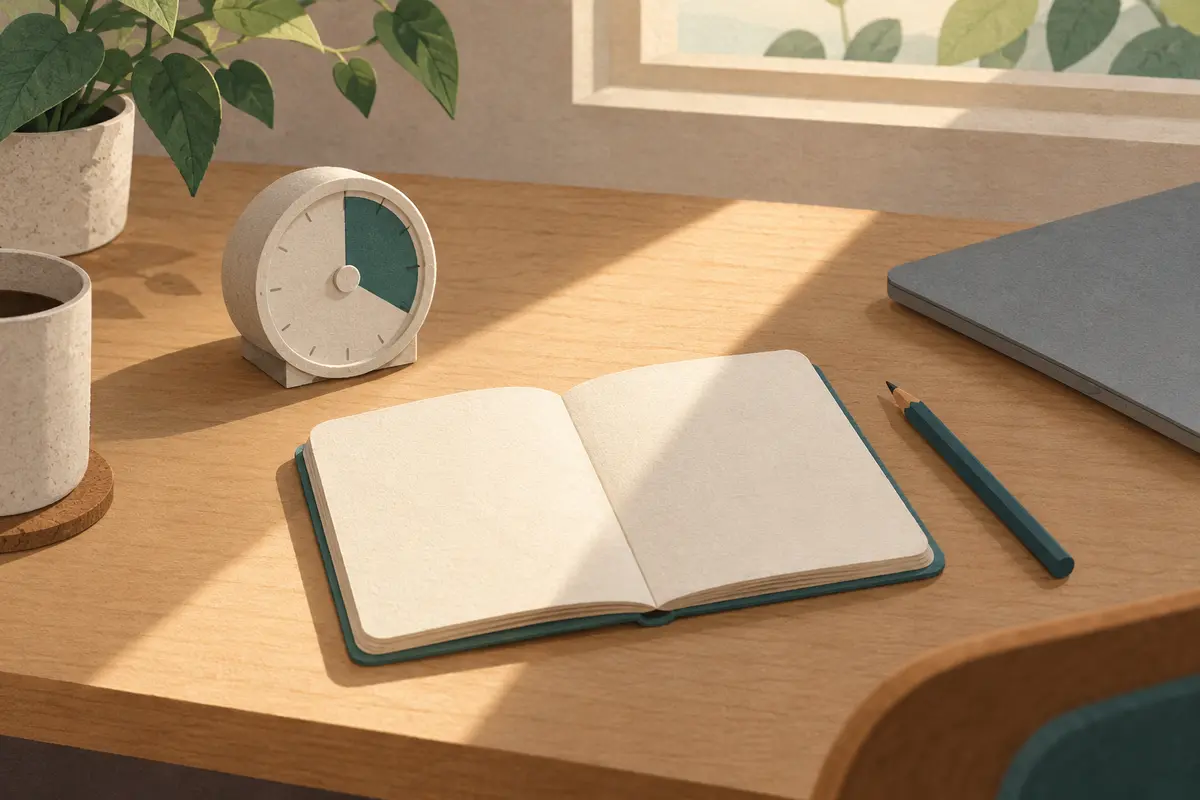 A blank notebook, pencil and numberless timer on a sunlit desk beside a closed laptop