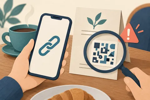 カフェのテーブルでスマートフォンと虫眼鏡を持ち、抽象的な四角い模様を確かめる紙細工風のイラスト