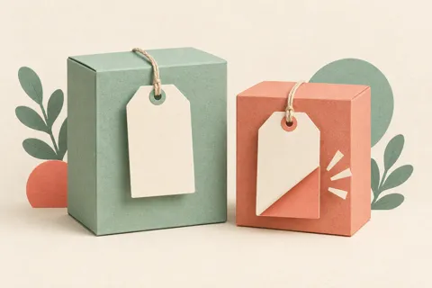 Two paper shopping boxes with blank tags, one tag folded over